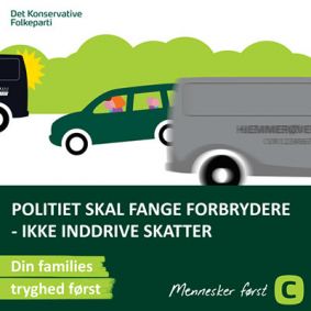 en personbil der bliver blitzet af en fotovogn. Mens en varevogn, hvor der står "Hjemmerøver " på, 
